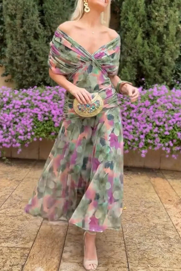 Cardydony Women's Unique Printed V-Neck Waisted Mesh Holiday Maxi Dress