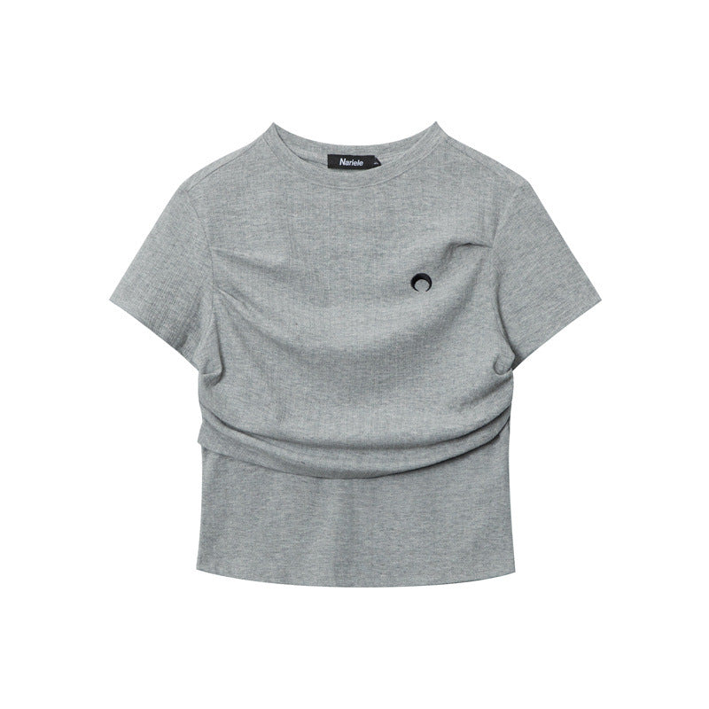 Cardydony Women's Minimalist Ruched Slim-Fit Tee with Embroidered Detail