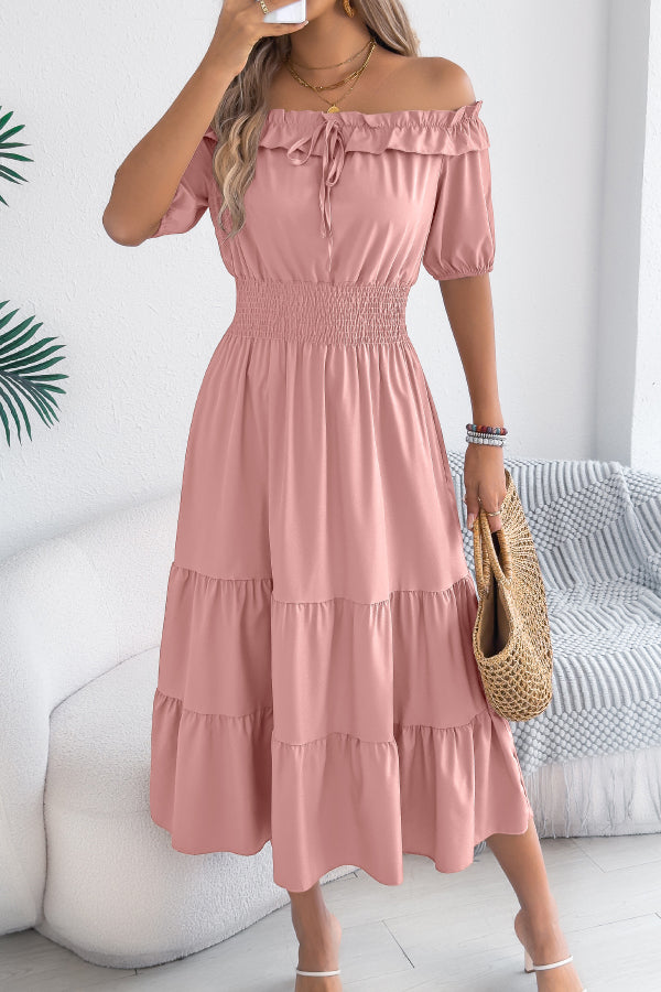 Cardydony Women's Stylish Off-shoulder Short-sleeved Pleated Waist Casual Midi Dress