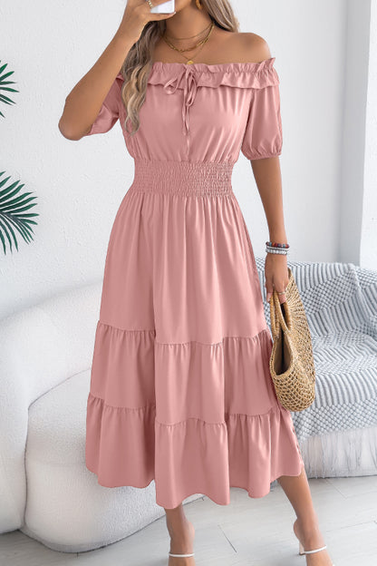 Cardydony Women's Stylish Off-shoulder Short-sleeved Pleated Waist Casual Midi Dress