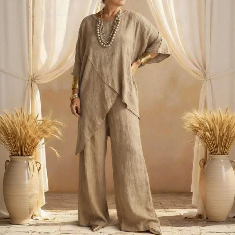 Cardydony Women's Comfy Linen Blend Flowy Double Layer Design Top And Pants Two-piece Set