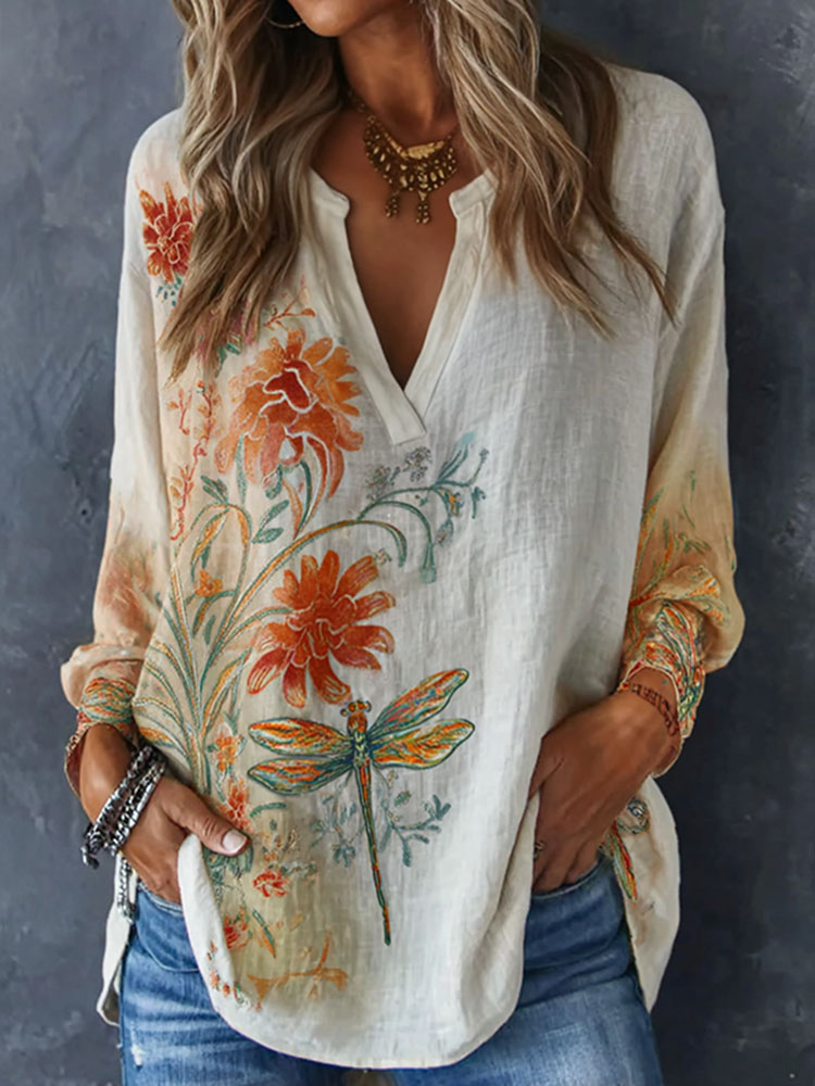 Cardydony Vintage Dragonfly And Floral Pattern Linen Long Sleeve Shirts