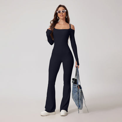 Cardydony Women's Off-Shoulder Flare Jumpsuit - Sleek and Stylish Activewear for a Bold Look