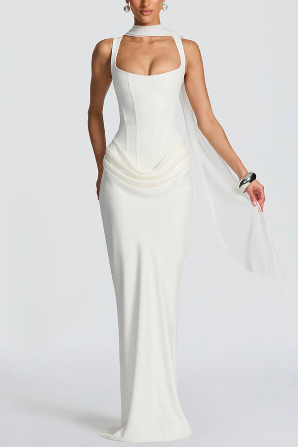 Cardydony Women's Larrah Square Neck Back Lace-up Satin Drape Hem Maxi Dress