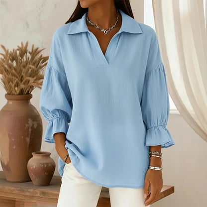 Cardydony Women's Solid Color Collared Cotton-Linen Blend Long Sleeve Loose Blouse