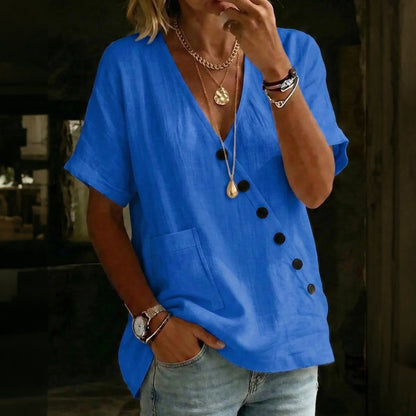Cardydony Women's Solid Color V-neck Button Pocket Linen Blend T-shirt