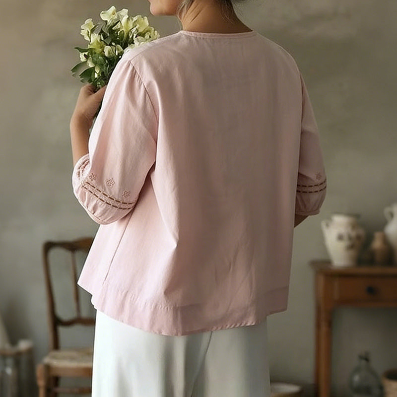 Cardydony Women's Casual Floral Embroidered Linen Blend Blouse