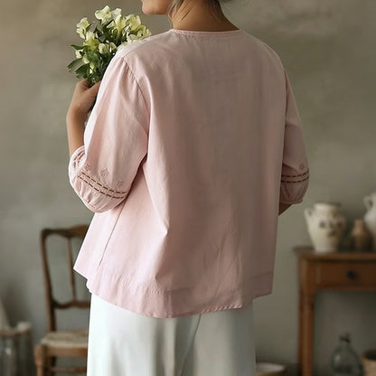 Cardydony Women's Casual Floral Embroidered Linen Blend Blouse