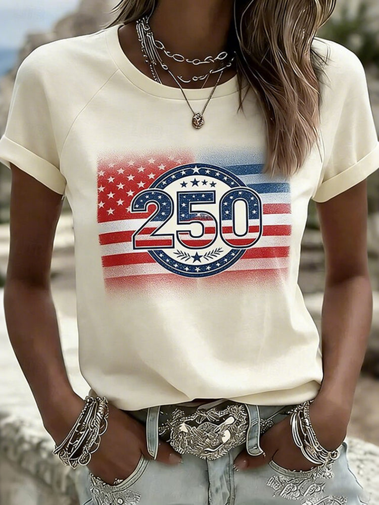 Cardydony Women's American 250th Anniversary Patriotic Print Round Neck T Shirt