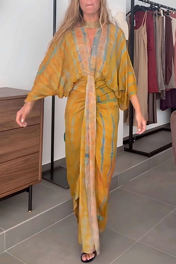 Cardydony Women's Unique Printed V-neck High-waisted Loose-fitting Holiday Maxi Dress