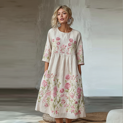 Cardydony Light Pink Rose Embroidered Pattern Women's Casual Linen Dress