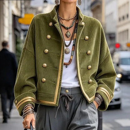 Cardydony Women's Fall Winter Cozy Napoleonic Stand-up Collar Gold Trim Double-breasted Button Corduroy Jacket
