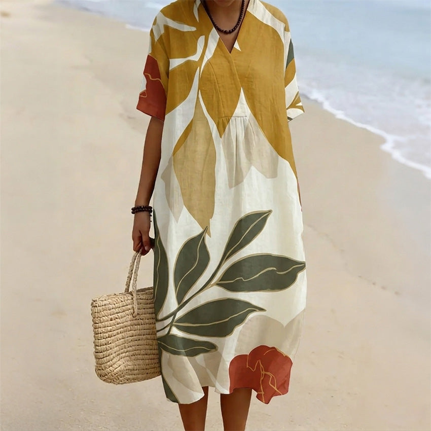 Cardydony Women's Linen Dress With Leaf And Branch Art Pattern