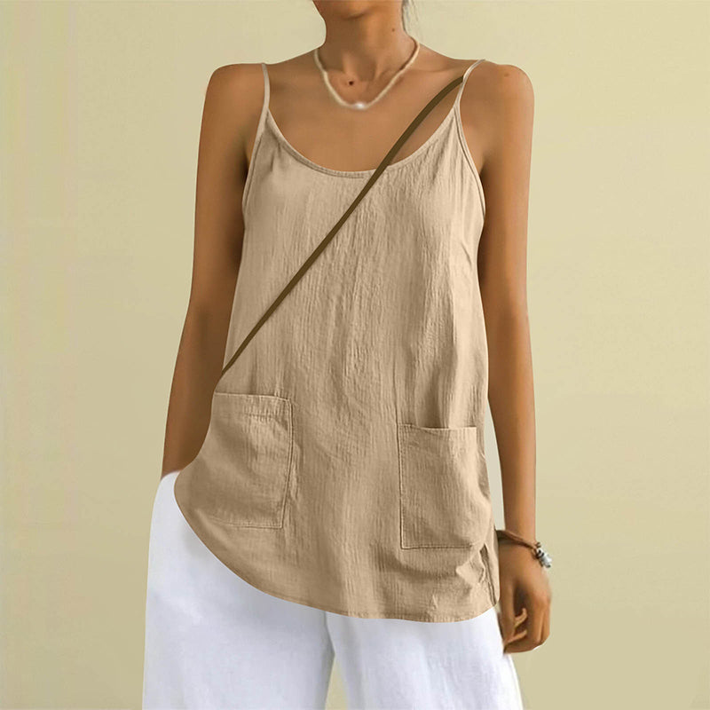 Cardydony Women's Solid Color Sleeveless Linen Blend Pocket Camisole