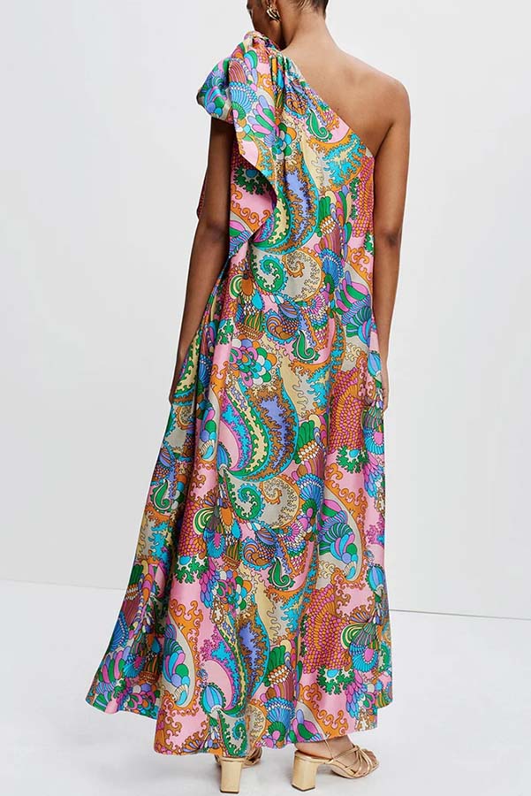 Cardydony Women's Rainbow Breeze Satin Unique Print Bow One Shoulder Loose Maxi Dress