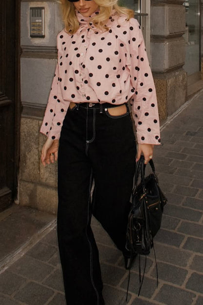 Cardydony Women's  Polka Dot Print Loose Stand Collar Button Bow Tie Casual Long-sleeved Jacket