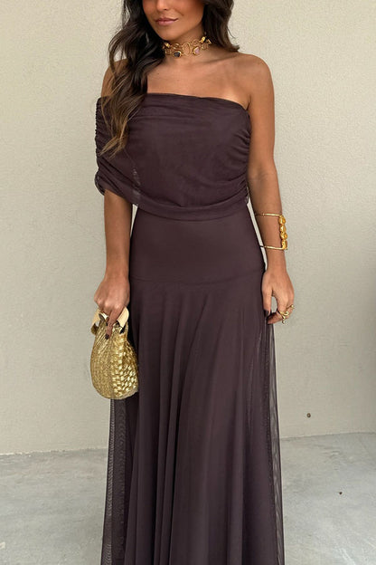 Cardydony Women's In My Arms Mesh Ruched Strapless Paneled Drape Flare Maxi Dress