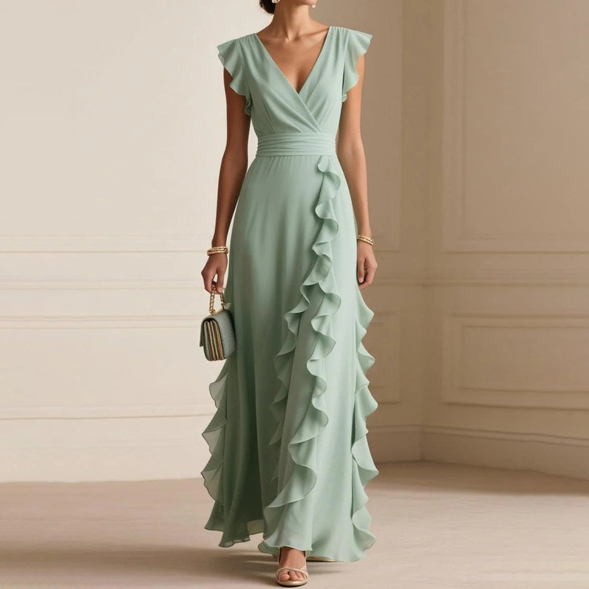 Cardydony Solid Color Pleated Ruffles V-neck Maxi Dress