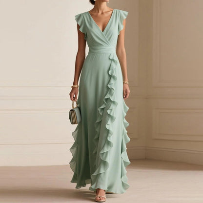 Cardydony Solid Color Pleated Ruffles V-neck Maxi Dress