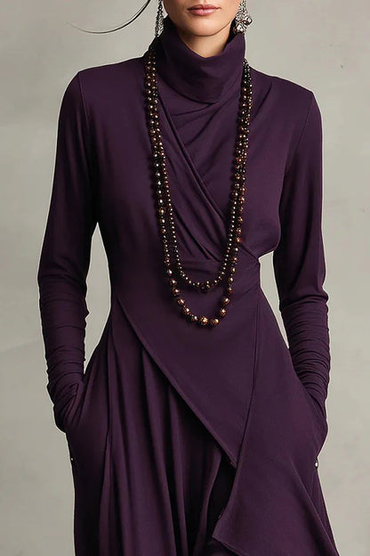Cardydony Women's Solid Color High-neck Long-sleeved Irregular Casual Maxi Dress
