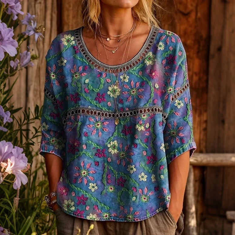 Cardydony Women's Floral Art Print Linen Blend Casual T-shirt