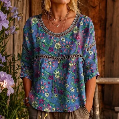Cardydony Women's Floral Art Print Linen Blend Casual T-shirt