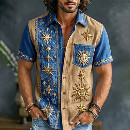 Cardydony Men's Retro Sun And Star Printed Short Sleeve Shirt