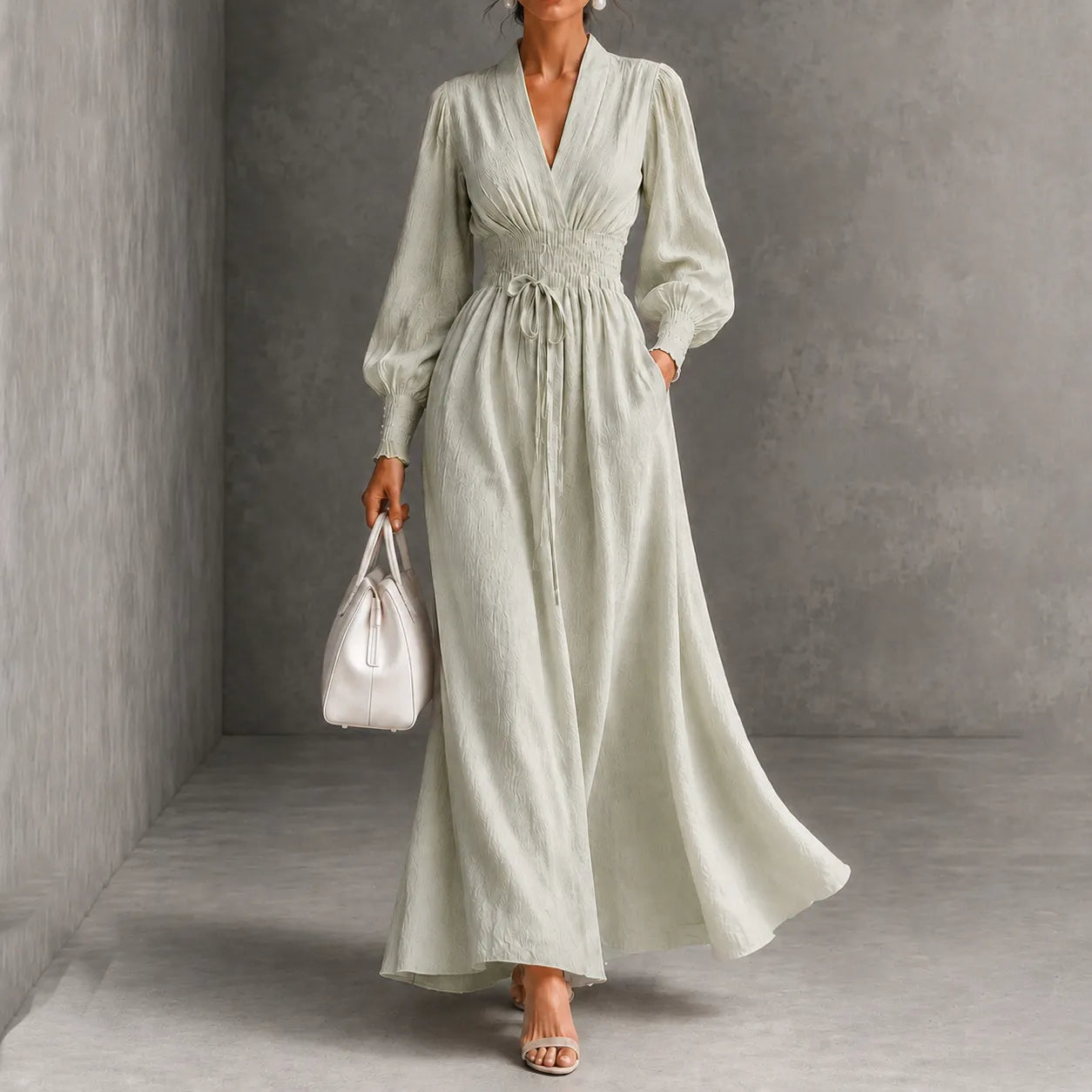 Cardydony Elegance V-neck Belted Waist Long Sleevess Maxi Dress