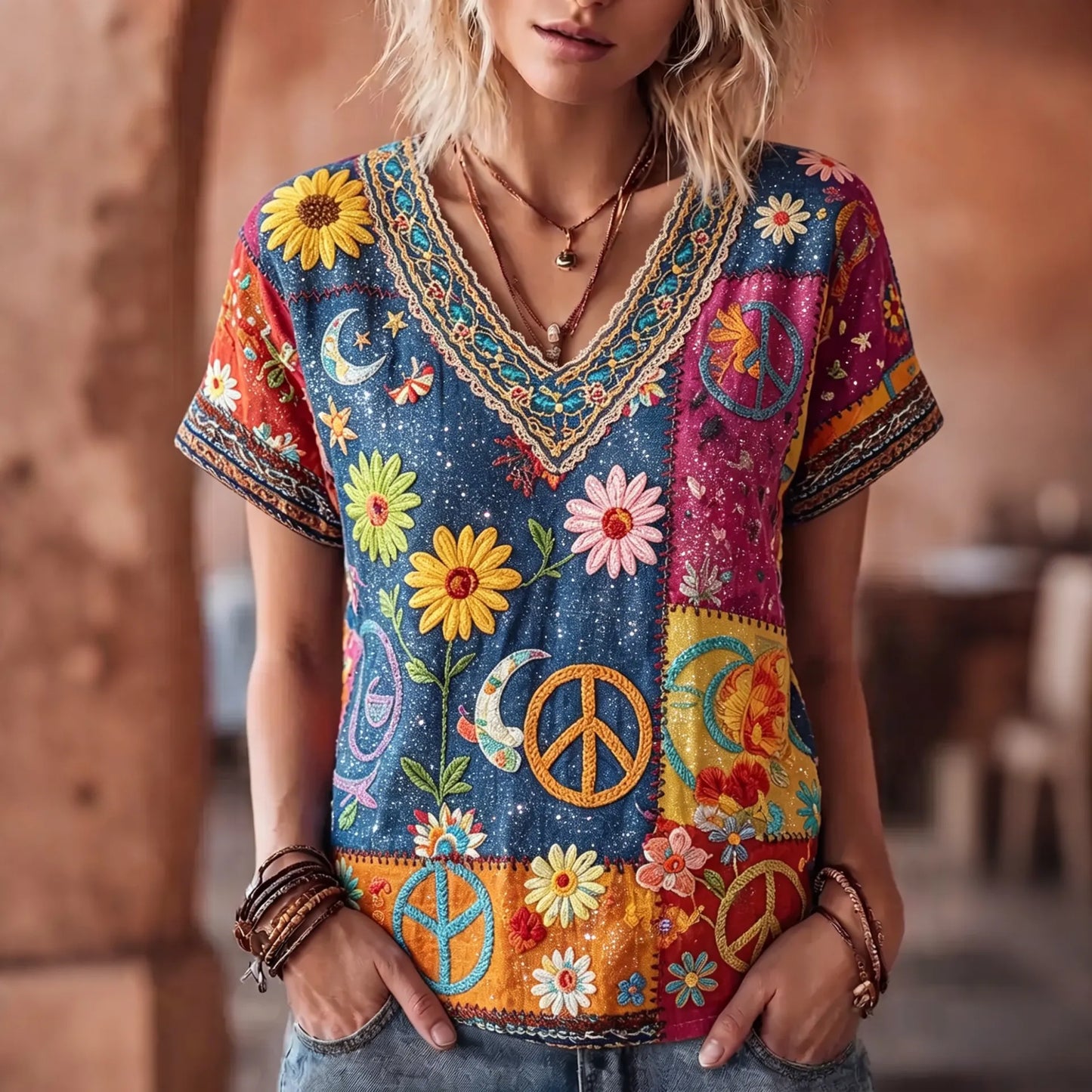 Cardydony Women's Vintage Hippie Peace In Love Pattern Art Embroidered Linen Blend V Neck Shirts