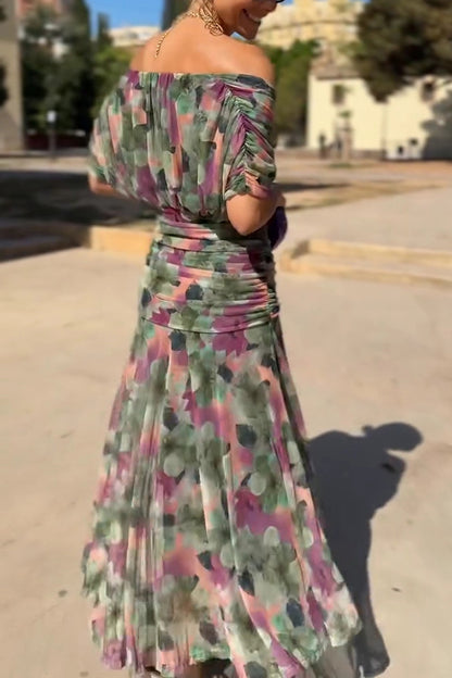 Cardydony Women's Unique Printed V-Neck Waisted Mesh Holiday Maxi Dress