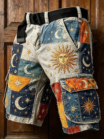 Cardydony Men's Hippie Art Sun Moon Patchwork Print Cargo Shorts