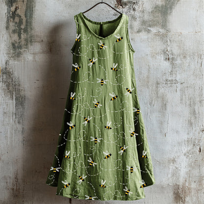 Cardydony Flying Bees Embroidered Linen Tank Dress