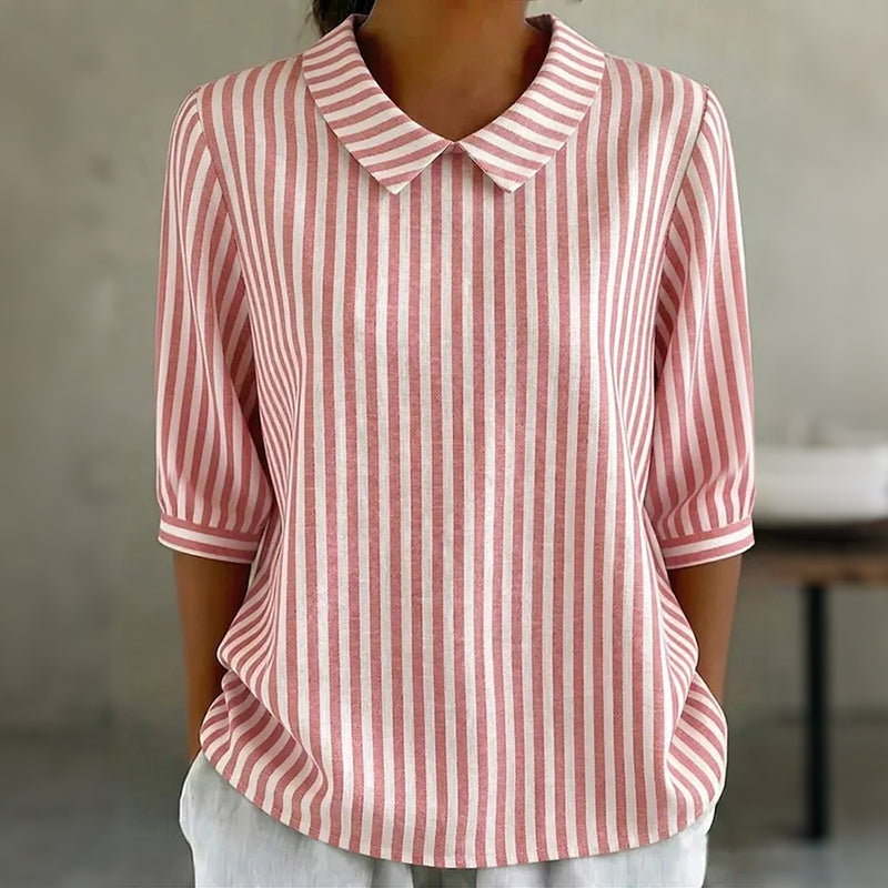 Cardydony Women's Striped Print Casual Doll Collar Linen Shirt