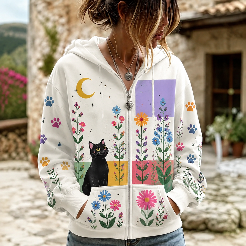 Cardydony Women's Boho Black Cat And Wildflowers Print Full-zip Hoodie