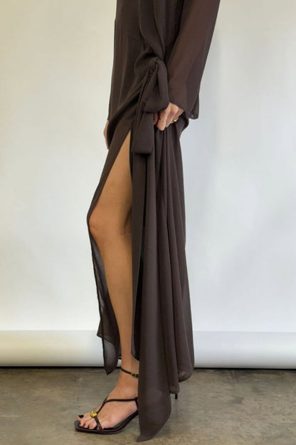 Cardydony Women's  Fashionable Mesh See-through Round Neck Long Sleeve Tie Bow Slit Maxi Dress