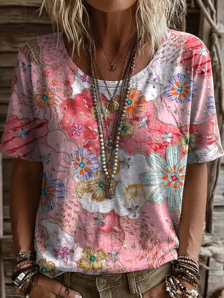 Cardydony Women's Vintage Floral Art Print Flowy Short Sleeve Tshirt