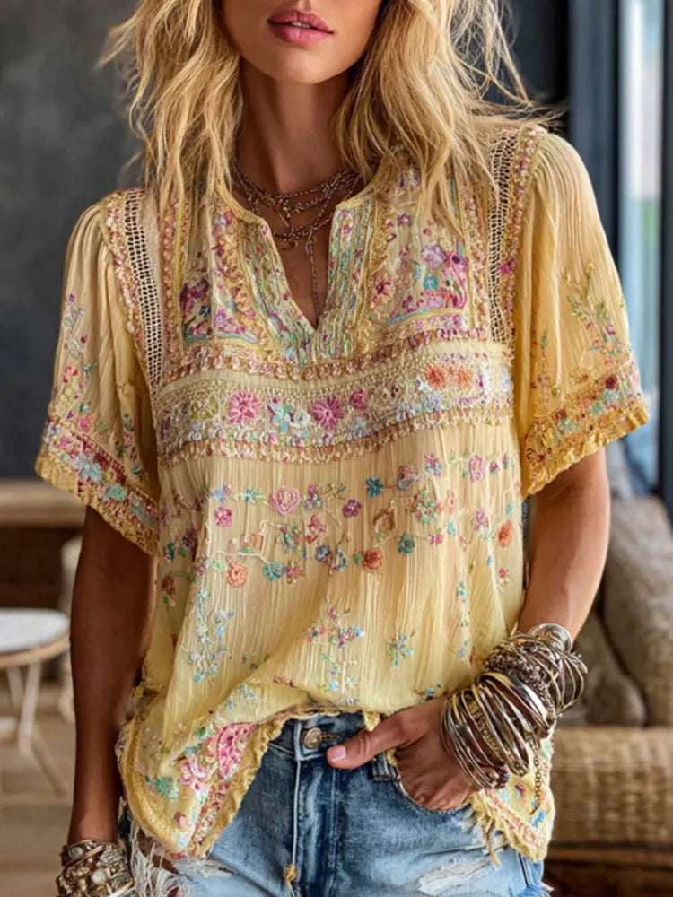Cardydony Women's Retro Floral Art Embroidery Cotton Linen Short-sleeve T-shirt