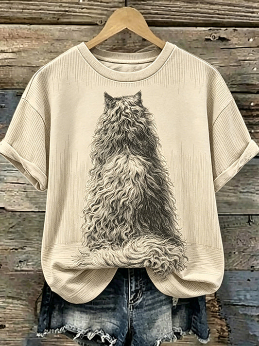 Cardydony Women's Pencil-drawn Textured Cat Pattern Print Casual T-shirt