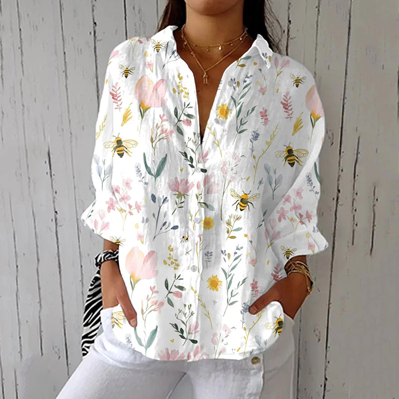 Cardydony Women's Vintage Bee Floral Art Print Casual Linen V-neck Shirt