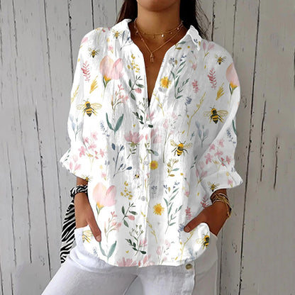 Cardydony Women's Vintage Bee Floral Art Print Casual Linen V-neck Shirt