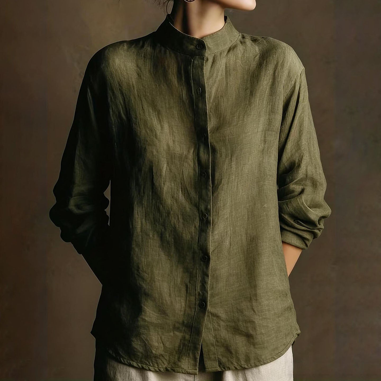 Cardydony Vintage Loose Cotton Linen Stand Collar Long Sleeved Shirt