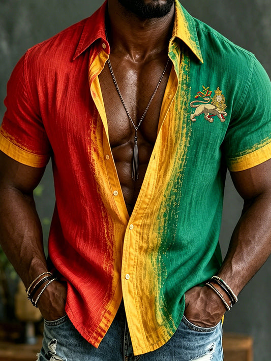 Cardydony Men's Retro Reggae Lion Of Judah Art Casual Linen Short Sleeves Shirt