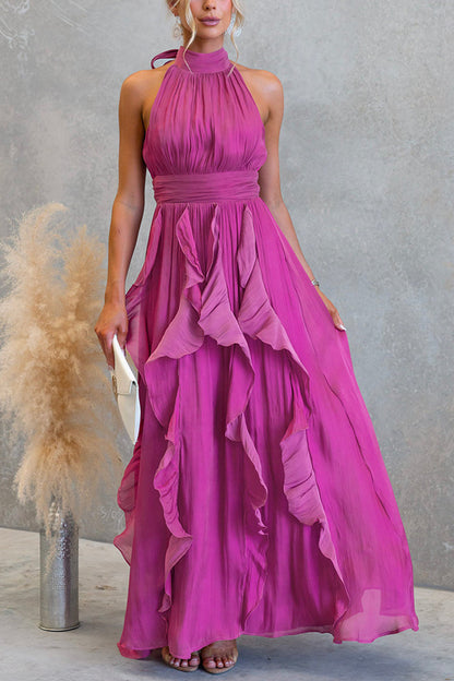 Cardydony Women's Coral Textured Metallic Chiffon Material High Tie Neck Ruffles Maxi Dress