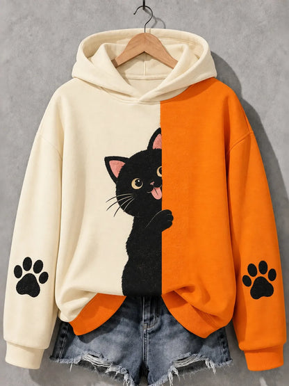 Cardydony Women's Naughty Peeking Black Cat Abstract Art Print Casual Hoodie