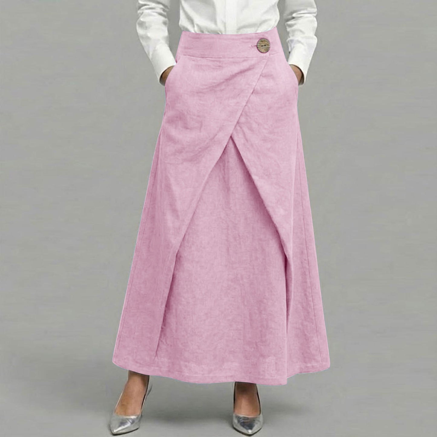 Cardydony Women's Casual Retro Slanted Button Cotton And Linen Skirt
