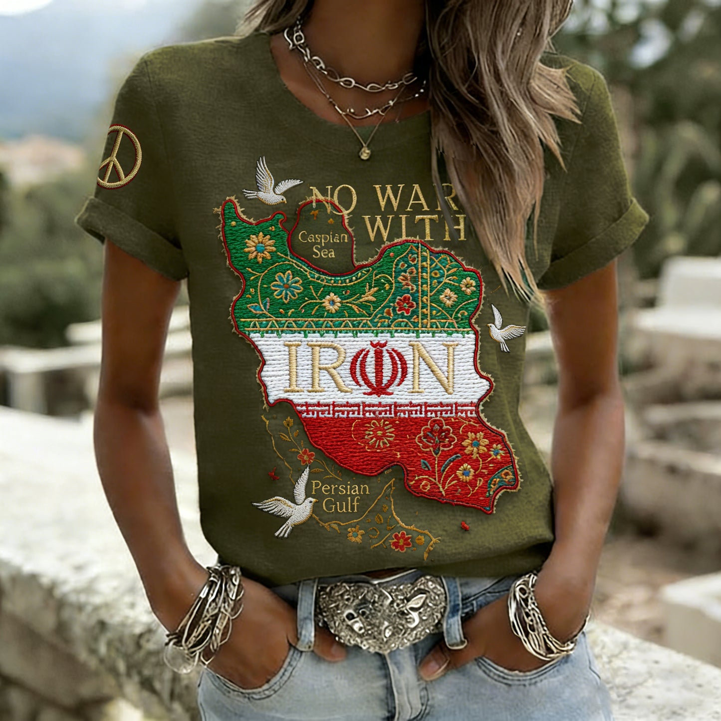 Cardydony Women's Boho Ethnic Floral Pattern No War With Iran Inspired T-shirt