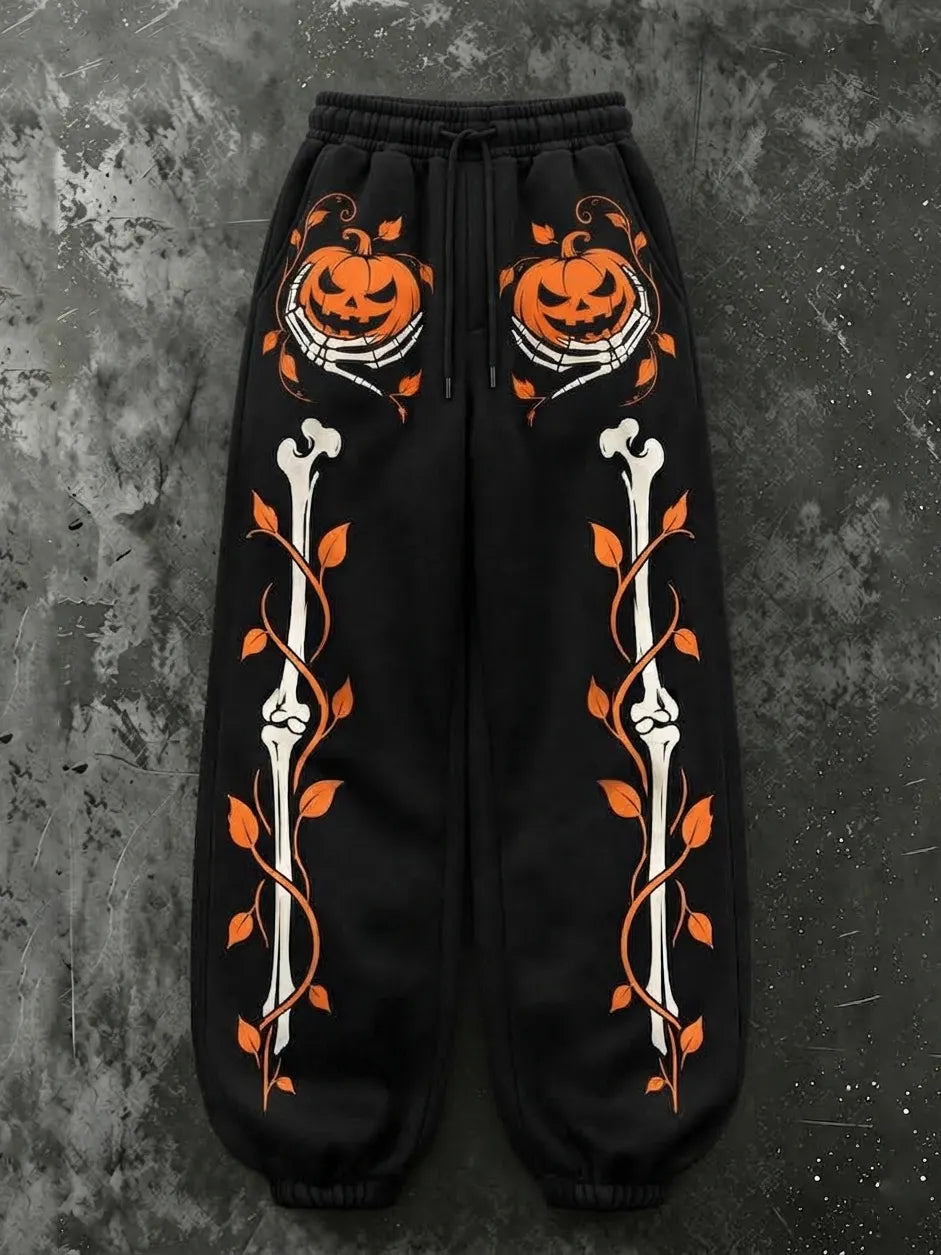 Cardydony Women's Vintage Halloween Pumpkin And Skeleton Hand Print Sweatpants