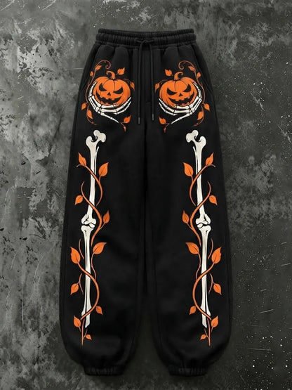 Cardydony Women's Vintage Halloween Pumpkin And Skeleton Hand Print Sweatpants