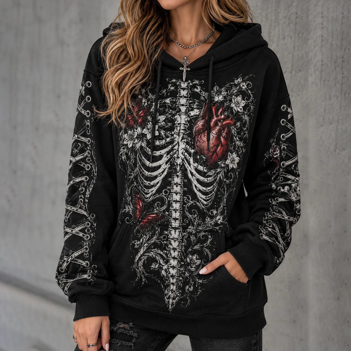 Cardydony Women's Punk Skull Heart Skeleton Print Hoodie