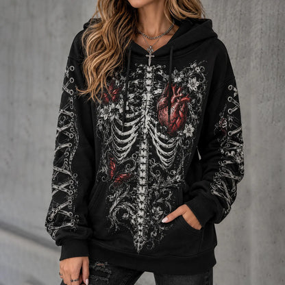 Cardydony Women's Punk Skull Heart Skeleton Print Hoodie